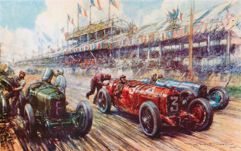 W Grand Prix 1924 Alfa Romeo Ascari doprowadziła wyścig prawie do mety, ale przegrała, ponieważ silnik nie uruchomił się ponownie po postoju (kolor lito) autorstwa Frederick Gordon (after) Crosby
