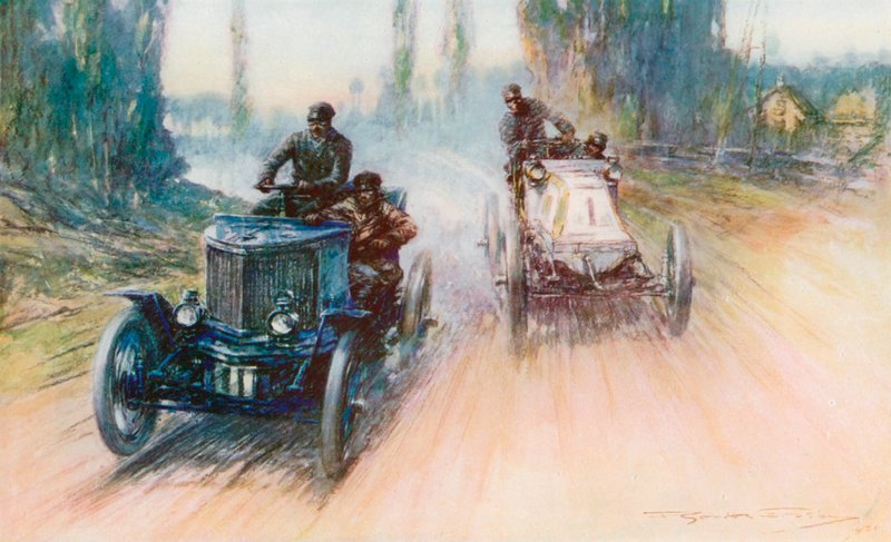 W wyścigu Paryż-Amsterdam w 1898 roku biały Panhard Charrona został po raz pierwszy w historii wyścigów wyposażony w koło zamiast rumplem (kolor lito) autorstwa Frederick Gordon (after) Crosby