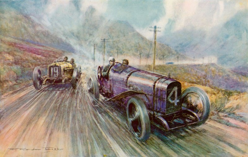 K Lee Guinness z Sunbeam w dwudniowym wyścigu 600-mil Tourist Trophy na Wyspie Man, który wygrał z prędkością 56,44 mil na godzinę (kolor lito) autorstwa Frederick Gordon (after) Crosby