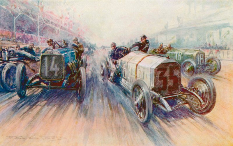 Biały Mercedes Lautenschlager w Grand Prix 1908, wyścigu, w którym opony zostały zużyte w ogromnych ilościach (kolor lito) autorstwa Frederick Gordon (after) Crosby