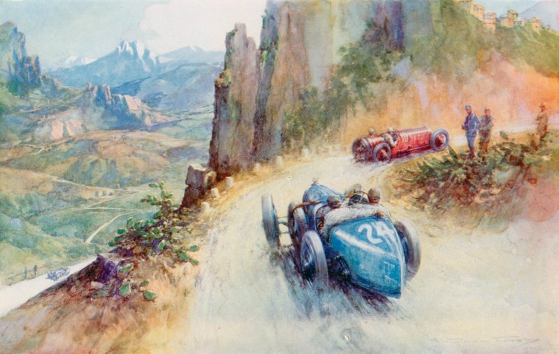 2-litrowy doładowany Bugatti Materassiego wyprzedzający Maserati na krętym kursie Targa Florio z 1927 r. (kolor lito) autorstwa Frederick Gordon (after) Crosby
