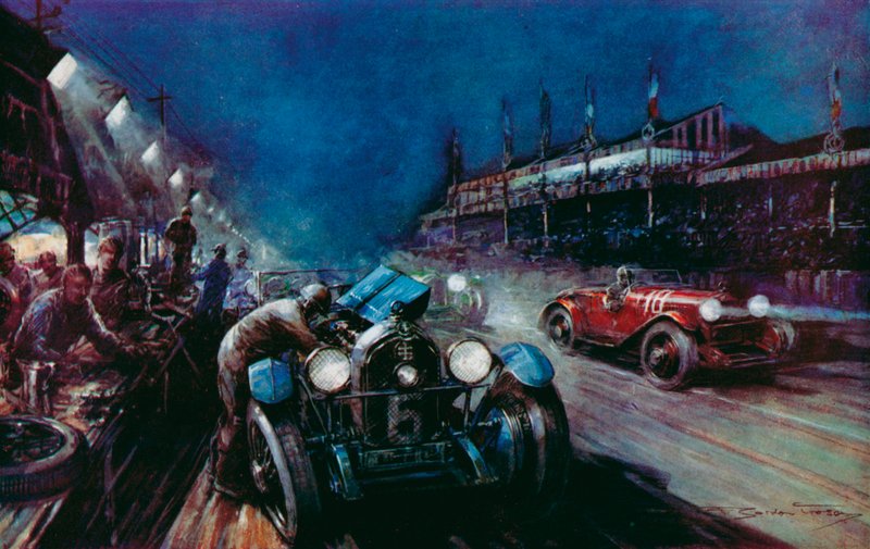 Jeden z udanych samochodów Lorraine-Dietrich uzupełniany w boksie podczas nocnego biegu w 24-godzinnym wyścigu Le Mans (kolor lito) autorstwa Frederick Gordon (after) Crosby