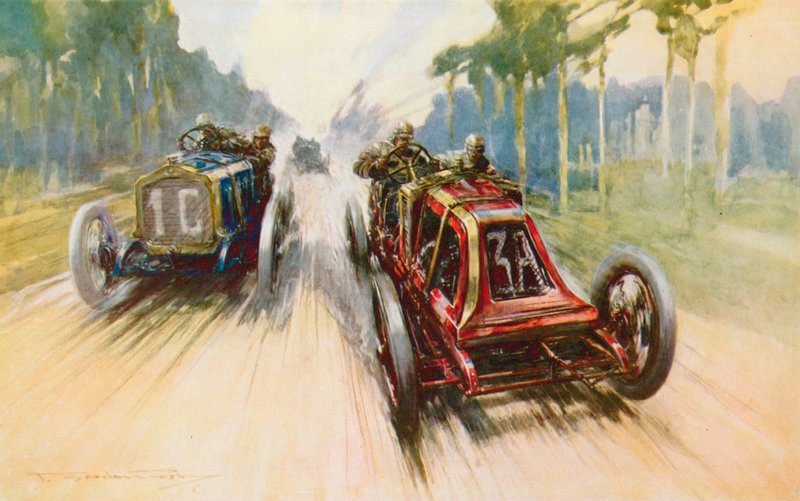 Czerwone Renault Szisza, które po raz pierwszy miało zdejmowane felgi, jest zwycięzcą pierwszego Grand Prix (kolor litho) autorstwa Frederick Gordon (after) Crosby