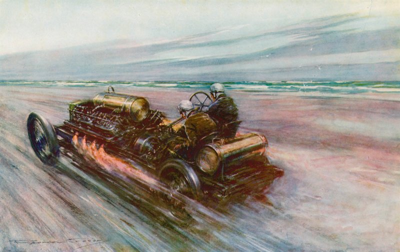 Słynny „200” Darracq, którym Sir Algernon Guinness, Bart, osiągnął prędkość 120 mil na godzinę w 1908 roku (kolor lito) autorstwa Frederick Gordon (after) Crosby