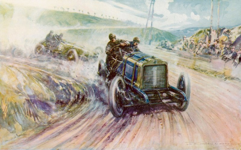 Thery z Richardem-Brasierem wygrywającym wyścig Gordona Bennetta w 1905 roku dla Francji (kolor lito) autorstwa Frederick Gordon (after) Crosby