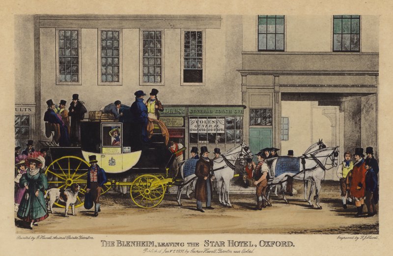 Blenheim, Leaving the Star Hotel, Oxford (kolorowy grawerunek) autorstwa Frederick James Havell