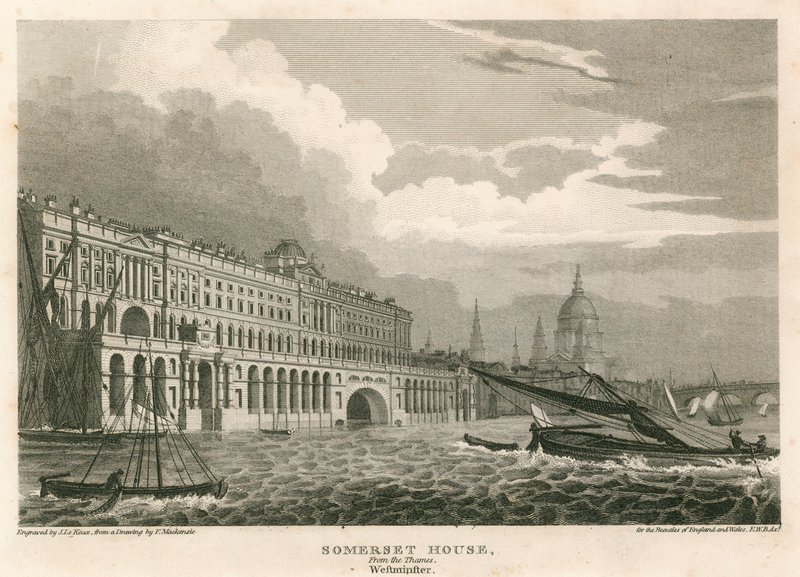 Widok na Somerset House, The Strand, Londyn, od strony Tamizy, Westminster autorstwa Frederick Mackenzie