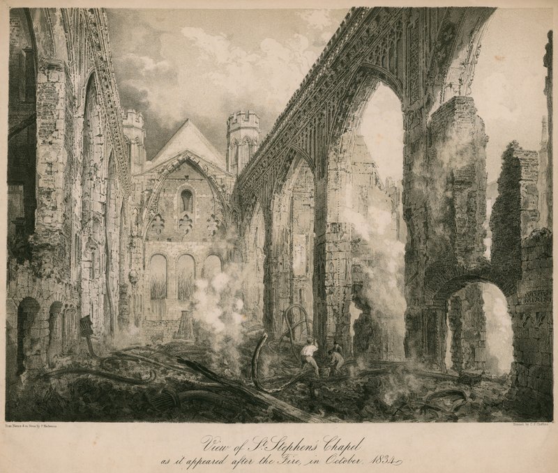 Widok kaplicy św. Szczepana po pożarze w październiku 1834 r. autorstwa Frederick Mackenzie