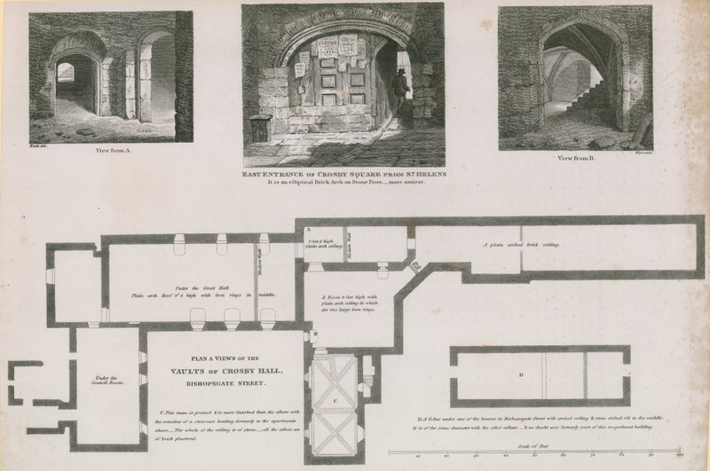 Rzut poziomy i widok na sklepienia Crosby Hall, Bishopsgate Street autorstwa Frederick Nash