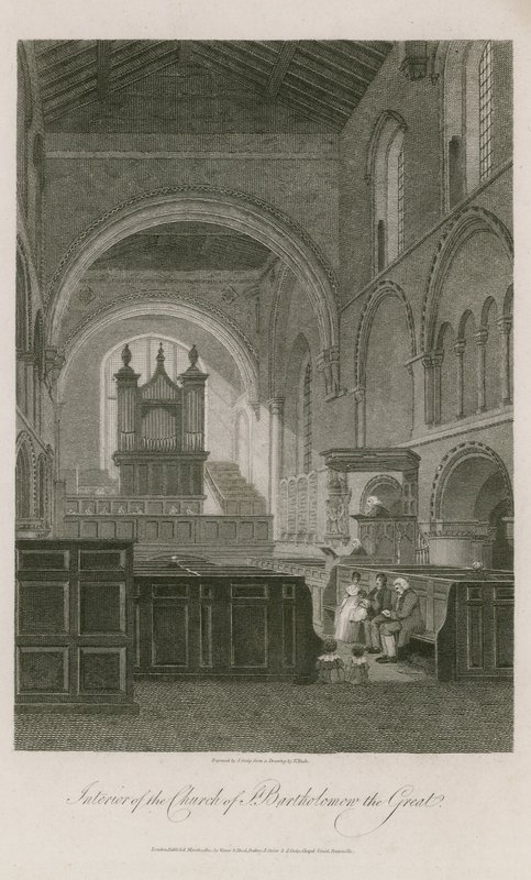 Wnętrze kościoła św. Bartłomieja Wielkiego autorstwa Frederick Nash