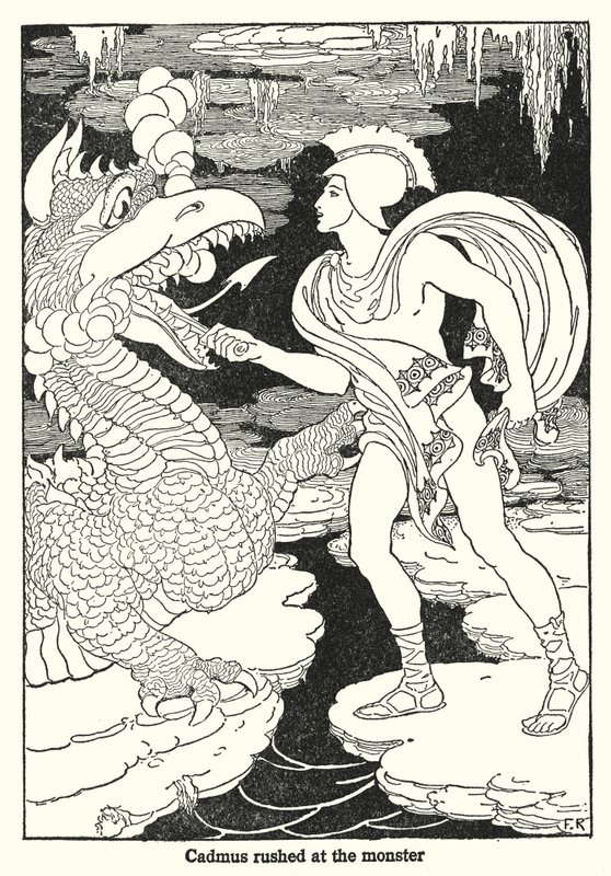 Kadmos rzucił się na potwora (litografia) autorstwa Frederick Richardson