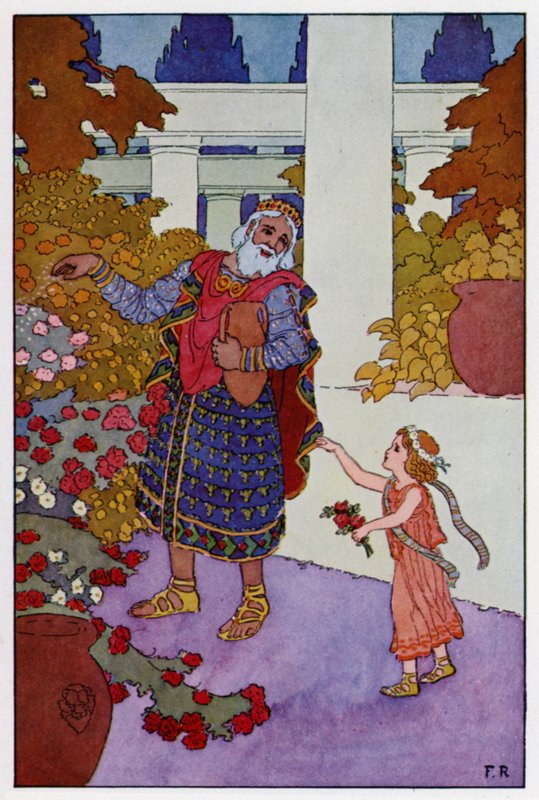 Król Midas spryskał całą pozostałą wodą krzaki róż (kolor lito) autorstwa Frederick Richardson