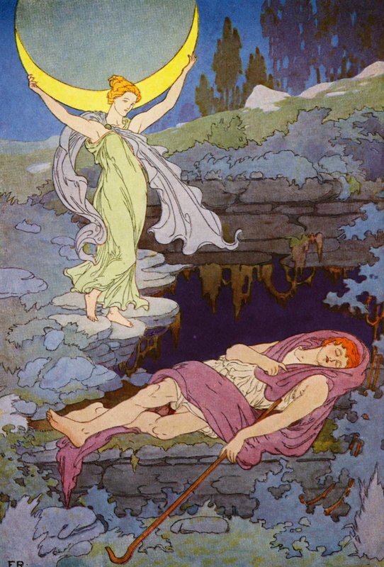 Odwiedzany tylko przez księżyc w nocy, Endymion będzie spał wiecznie (kolorowa litografia) autorstwa Frederick Richardson