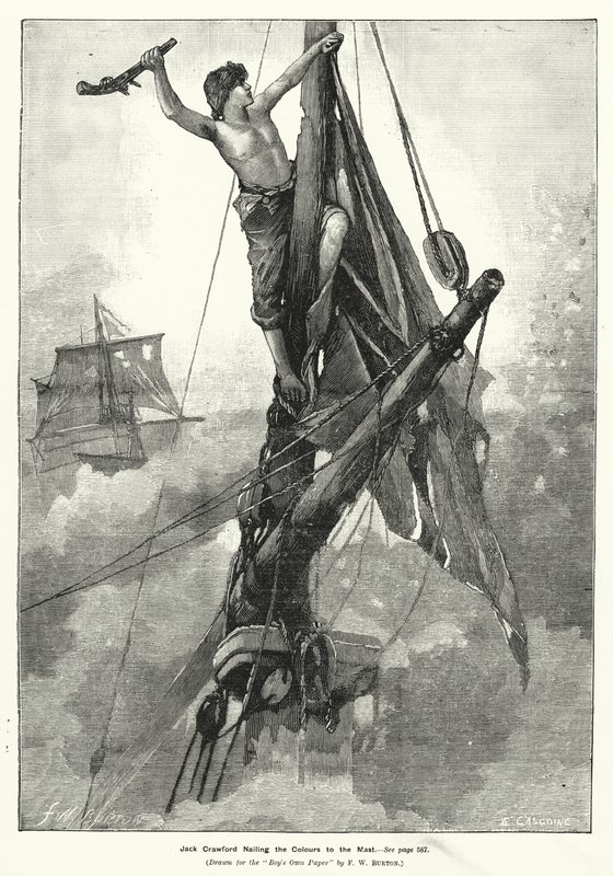 Jack Crawford przybijający kolory do masztu (grawerowanie) autorstwa Frederick William (after) Burton
