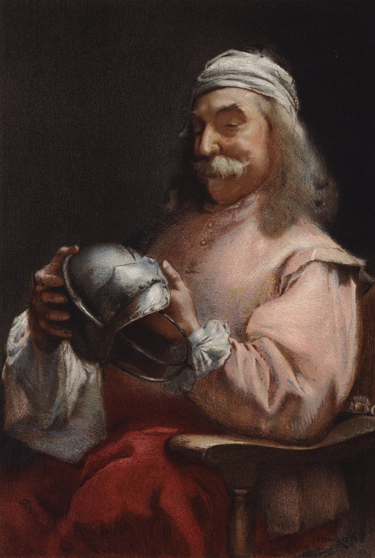 Przyjaciel w potrzebie, portret mężczyzny patrzącego na hełm (chromolitho) autorstwa Frederick William Davis