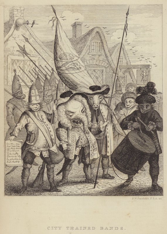 City Trained Bands: satyra na milicje związane z City of London i panika wywołana przez Rebelię Jakobitów 1745 (rycina) autorstwa Frederick William Fairholt