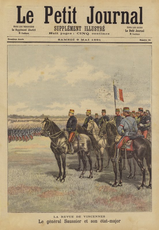 Generał Saussier i jego sztab dokonujący przeglądu armii francuskiej w Vincennes autorstwa French School