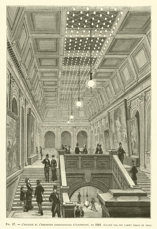 Klatka schodowa Międzynarodowej Wystawy Energii Elektrycznej, 1881, oświetlona lampami Edisona i Swan autorstwa French School
