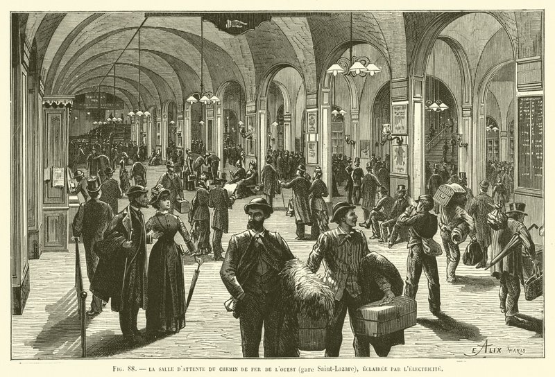 Oświetlona prądem poczekalnia kolei zachodniej (stacja Saint-Lazare) autorstwa French School