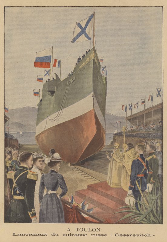Wodowanie rosyjskiego pancernika Tsesarevich w Tulonie autorstwa French School