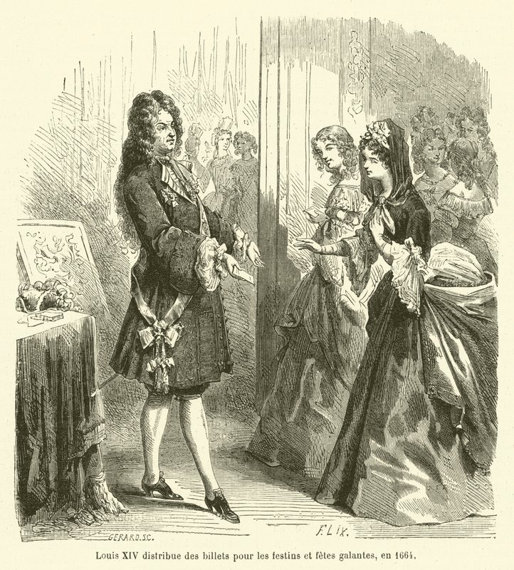 Ludwik XIV rozdaje bilety na uczty i fety galantes, 1664 autorstwa French School