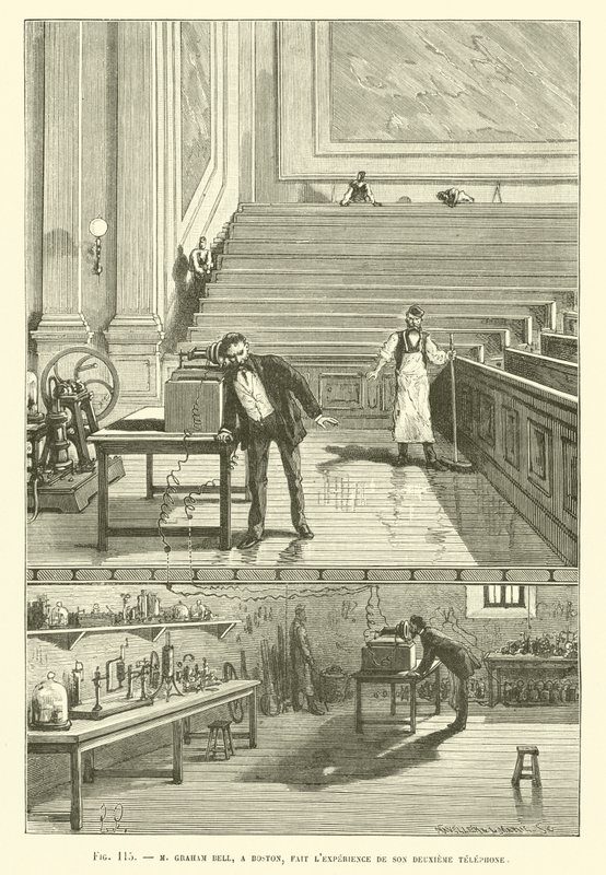Pan Graham Bell z Bostonu korzysta ze swojego drugiego telefonu autorstwa French School