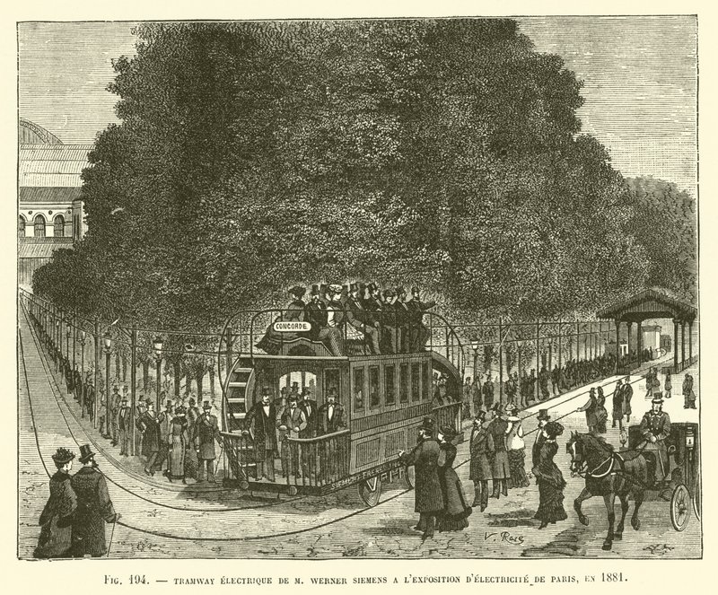 Tramwaj elektryczny M Wernera Siemensa na paryskiej wystawie energii elektrycznej w 1881 r. autorstwa French School
