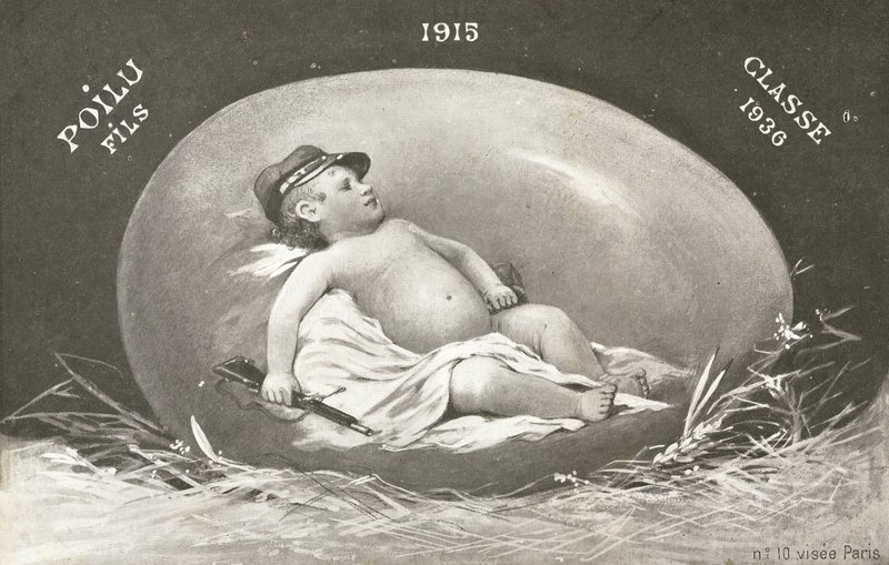 1915, kartka wielkanocna przedstawiająca już uzbrojonego żołnierza w jajku autorstwa French Photographer