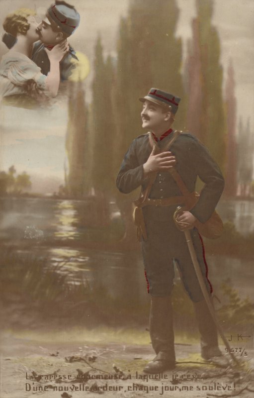 Żołnierz wyobraża sobie, że on i jego miłość całują się (przyciemnione zdjęcie) autorstwa French Photographer