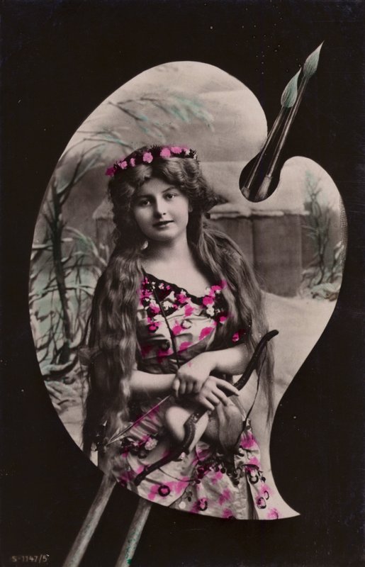 Młoda kobieta trzymająca łuk i strzałę przedstawiona na palecie artystów (podbarwiony fotokolaż) autorstwa French Photographer
