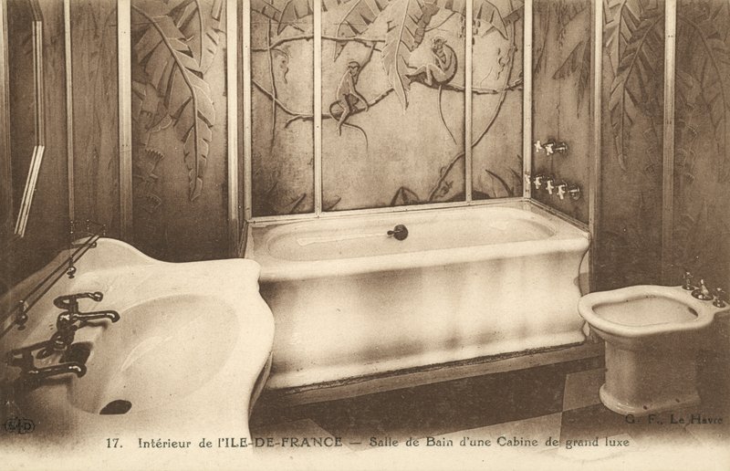 Łazienka luksusowej kabiny na pokładzie francuskiego liniowca Ile de France (zdjęcie czarno-białe) autorstwa French Photographer