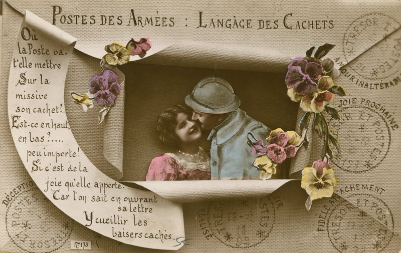 Karta wyjaśniająca zastosowanie pocztówek dla osób z mężczyznami w wojsku autorstwa French Photographer
