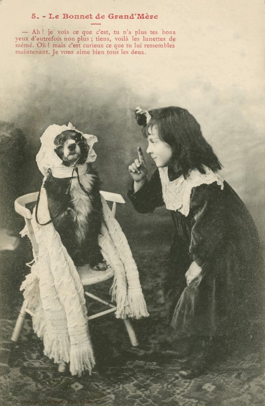 Dziecko ubierające psa w czepek (zdjęcie czarno-białe) autorstwa French Photographer