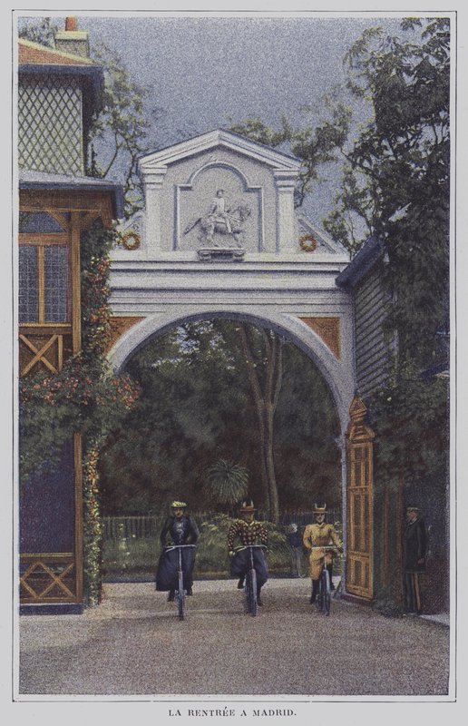Rowerzyści wracają po przejażdżce do Chateau de Madrid w Bois de Boulogne w Paryżu (kolorowe zdjęcie) autorstwa French Photographer