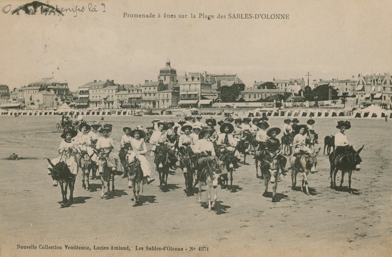 Osioł jeździ na plaży w Les Sables-dOlonne w zachodniej Francji. Pocztówka wysłana w 1913 roku. autorstwa French Photographer