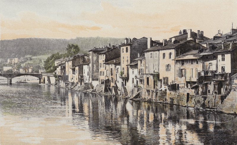 Epinal, Stare domy na Quai Rualmenil, nad brzegiem Mozeli autorstwa French Photographer