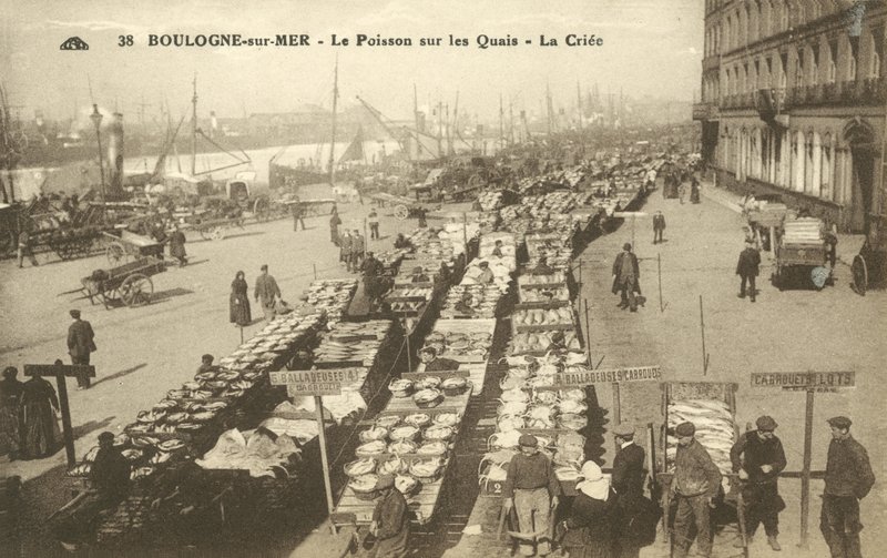 Ryby na nabrzeżu, Boulogne-sur-Mer (zdjęcie czarno-białe) autorstwa French Photographer