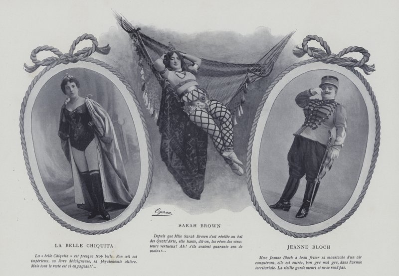 Francuskie aktorki i piosenkarki La Belle Chiquita, Sarah Brown i Jeanne Bloch (zdjęcie czarno-białe) autorstwa French Photographer