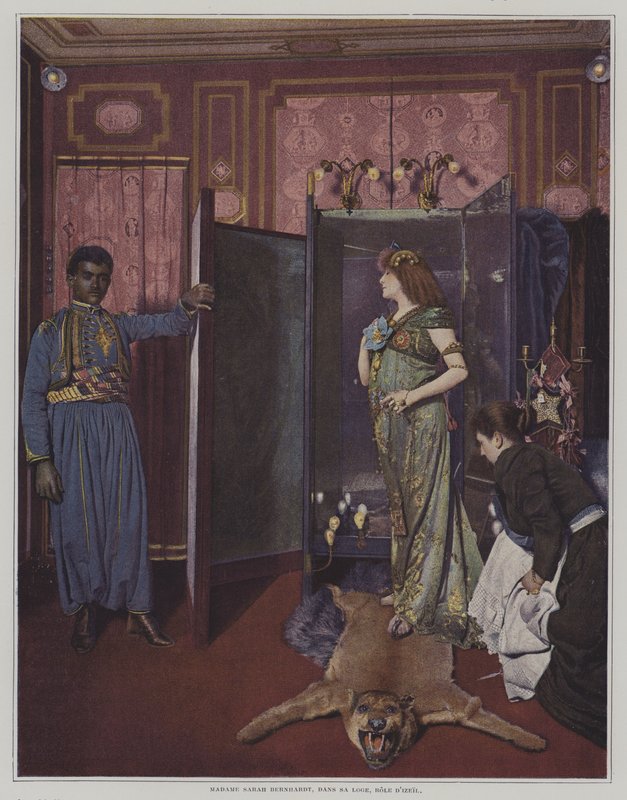 Francuska aktorka teatralna Sarah Bernhardt w swojej garderobie w kostiumie do tytułowej roli w sztuce Moranda i Sylvestre