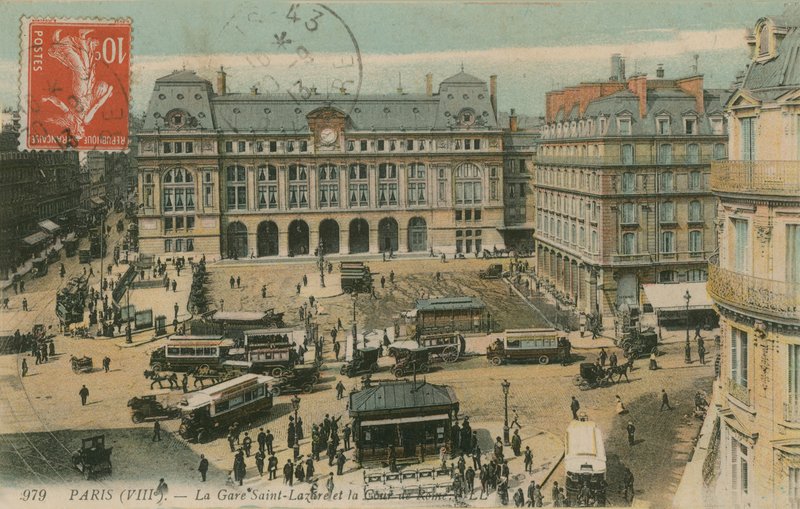 Gare St Lazare i Cour de Rome w Paryżu. Pocztówka wysłana w 1913 roku. autorstwa French Photographer