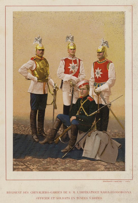 Armia Rosyjska: Pułk Gwardii Rycerskiej HM Cesarzowa Maria Fiodorowna, oficer i żołnierze w różnych mundurach (zdjęcie) autorstwa French Photographer