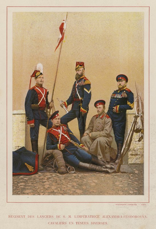 Armia Rosyjska: Pułk Ułanów S M Cesarzowa Aleksandra Fiodorowna, Kawalerowie w różnych strojach (zdjęcie) autorstwa French Photographer