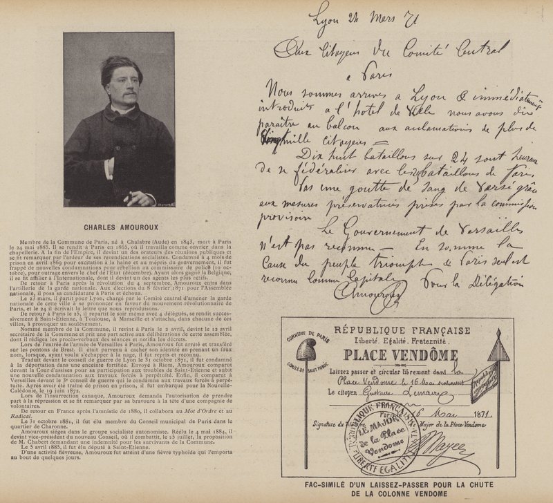 Komuna Paryska, Charles Amouroux, Faksymile przepustki za upadek kolumny Vendome (zdjęcie czarno-białe) autorstwa French Photographer