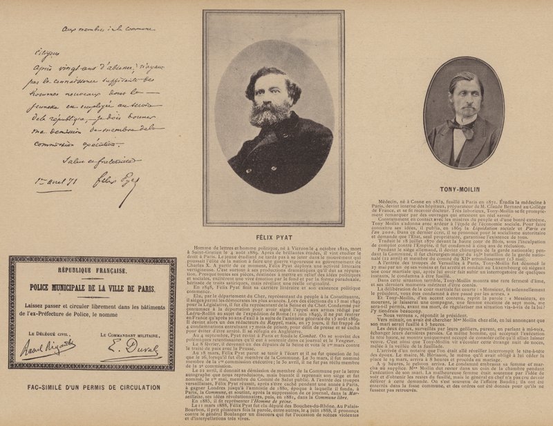 Komuna Paryska, Faksymile zezwolenia na dojazd, Felix Pyat, Tony-Moilin (zdjęcie czarno-białe) autorstwa French Photographer