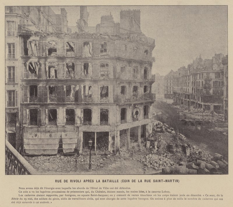 Komuna Paryska, Rue De Rivoli Po bitwie, róg Rue Saint-Martin (zdjęcie czarno-białe) autorstwa French Photographer