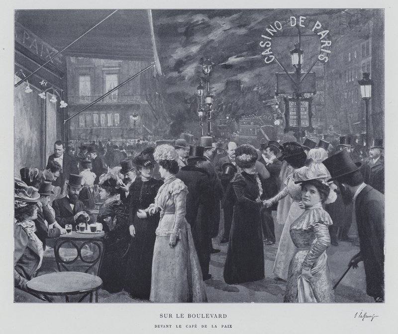 Na bulwarze przed Cafe de la Paix, Paryż (zdjęcie czarno-białe) autorstwa French Photographer