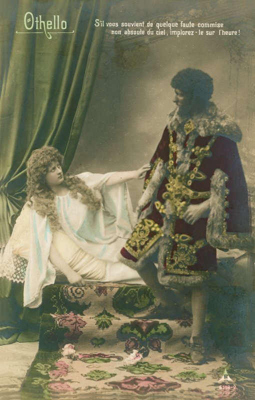 Otello z Desdemoną. Scena z tragicznej sztuki Williama Szekspira napisanej ok. 1603 r. Pocztówka wysłana w 1913 r. autorstwa French Photographer