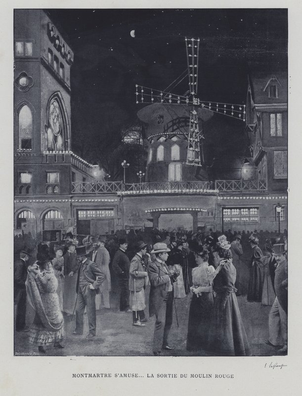 Poza Moulin Rouge, Montmartre, Paryż (zdjęcie czarno-białe) autorstwa French Photographer
