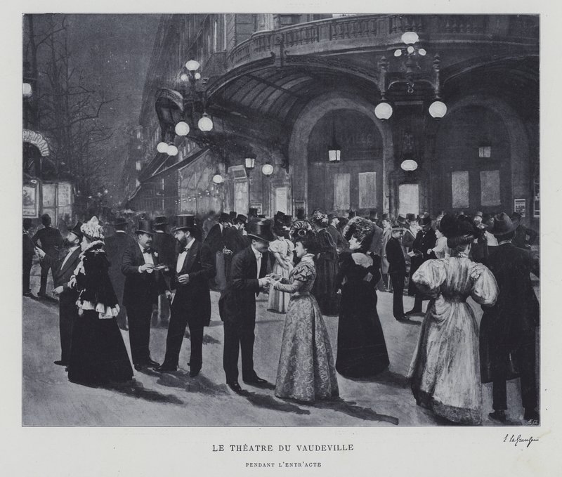 Przed Theatre du Vaudeville, Paryż, w przerwie (zdjęcie czarno-białe) autorstwa French Photographer