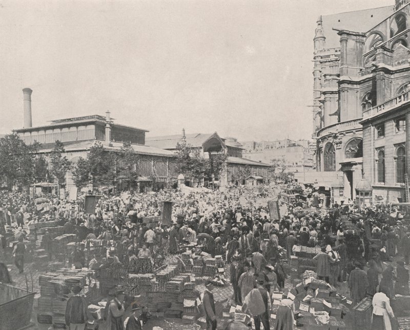 Paryż: Rynek Główny i Kościół św. Eustachego (zdjęcie czarno-białe) autorstwa French Photographer